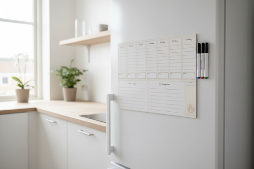 FamliBoard på kylskåp i skandinaviskt kök