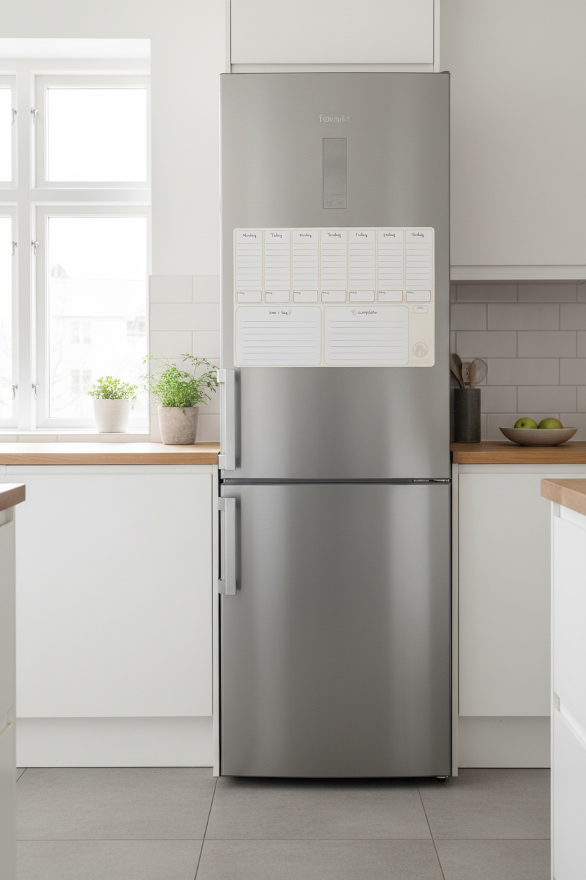 FamliBoard A3 magnetisk veckoplanerare på kylskåp i realistisk storlek