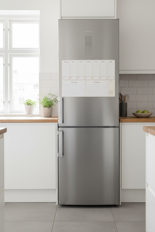 FamliBoard A3 magnetisk veckoplanerare på kylskåp i realistisk storlek